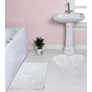 Bell Flower Collection Tufted Bath Rugs, Extra Soft and Absorbent, Non-Slip Bath Mats, Machine Washable Bathroom Mats, 2 Piece Set with Heart, White - 1 of 4