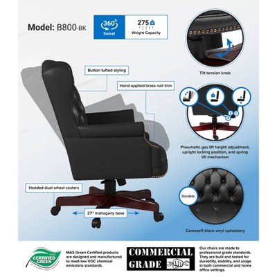 Elegant High-Back Swivel Banker Chair in Black Vinyl and Mahogany Wood