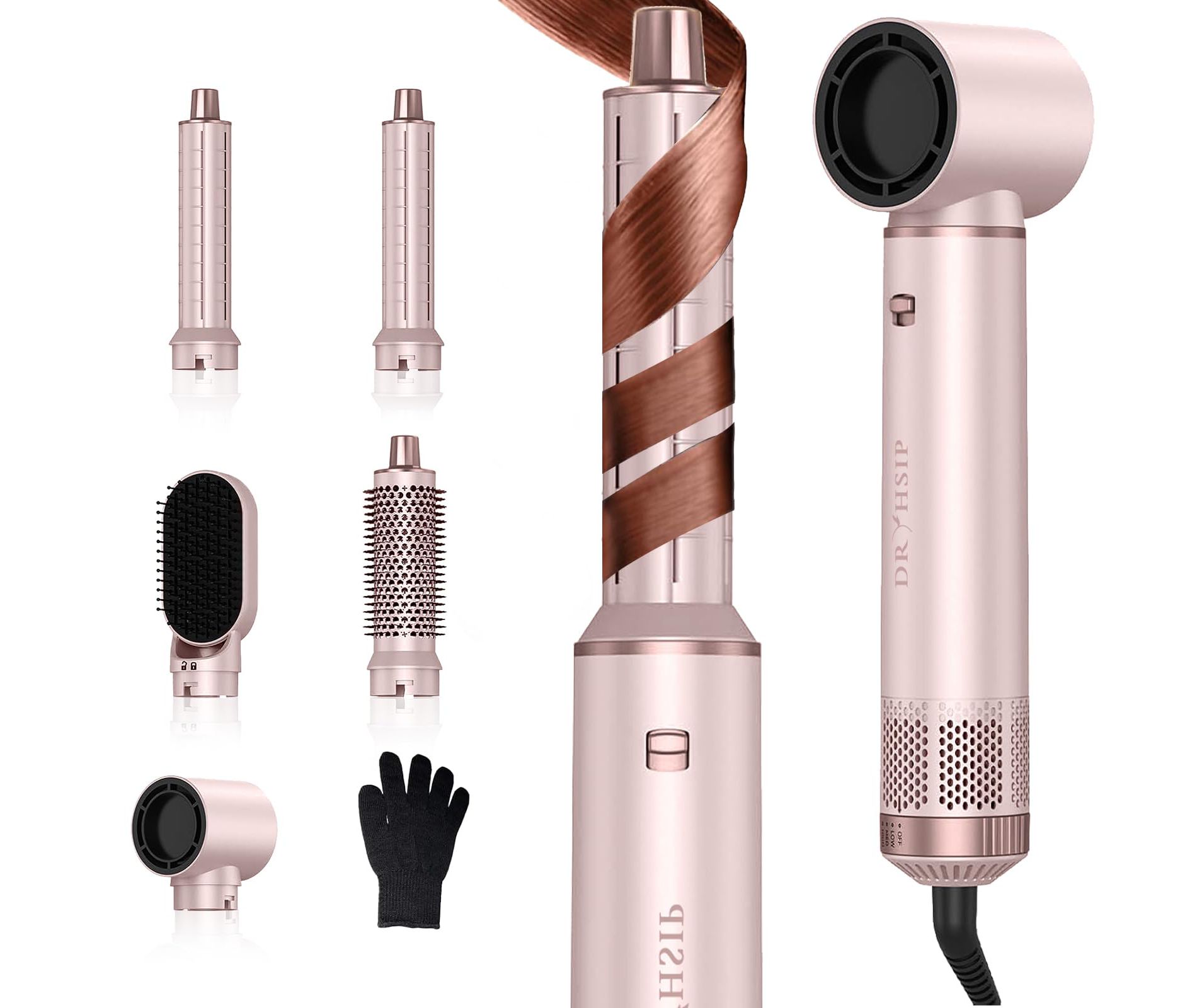 Dryhsip 5 in 1 Air Styler, Multi Ionic Hair Dryer Brush Set, 800W Auto Air Wrap Hair Styler Without Heat Damage, Curl, Volumize and Straighten,Pink