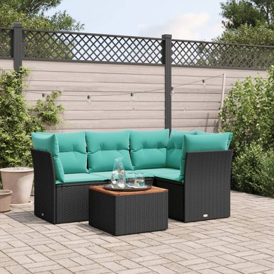 5 Piece Patio Sofa Set with Cushions Black Poly Rattan vidaXL