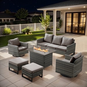 Buenhomino 6 Peices Outdoor Patio Furniture Set with 41" Fire Pit Table, Wicker Swivel Rocking Chairs Conversation Sets for Yard Garden Porch - 1 of 4
