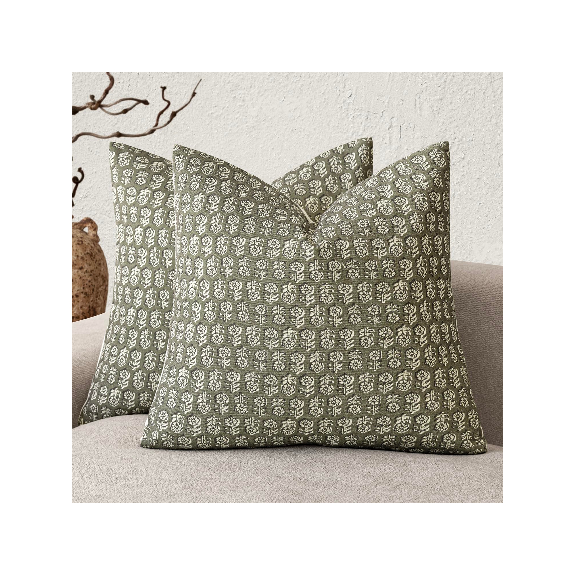 Lomsoe Set of 2 Decorative Vintage Floral Print Throw Pillow Covers Green Neutral Modern Farmhouse Decor Velvet 18"