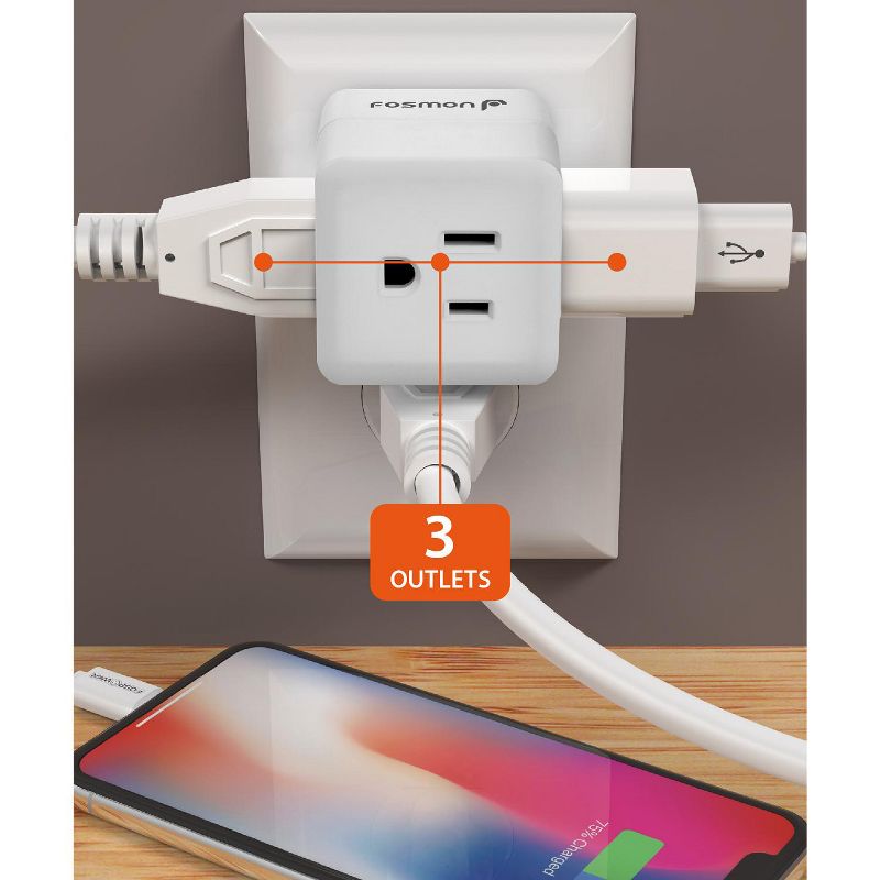 Fosmon [ETL Listed] Compact Travel 3 Outlet Plug Extender Wall Tap - White, 2 of 7