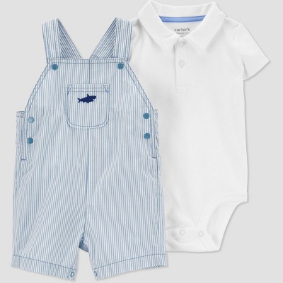 Image of Carter's Just One You®️ Baby Boys' Striped Shark Shortalls Top and Bottom Set - Blue/White 3M