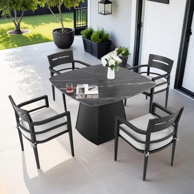 5-Piece Aluminum Outdoor Patio Dining Set, 44" Square Sintered Stone Table and 4 Armchairs with Sunbrella Cushions - Cuddlewood