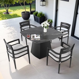 5-Piece Aluminum Outdoor Patio Dining Set, 44" Square Sintered Stone Table and 4 Armchairs with Sunbrella Cushions - Cuddlewood - 1 of 4