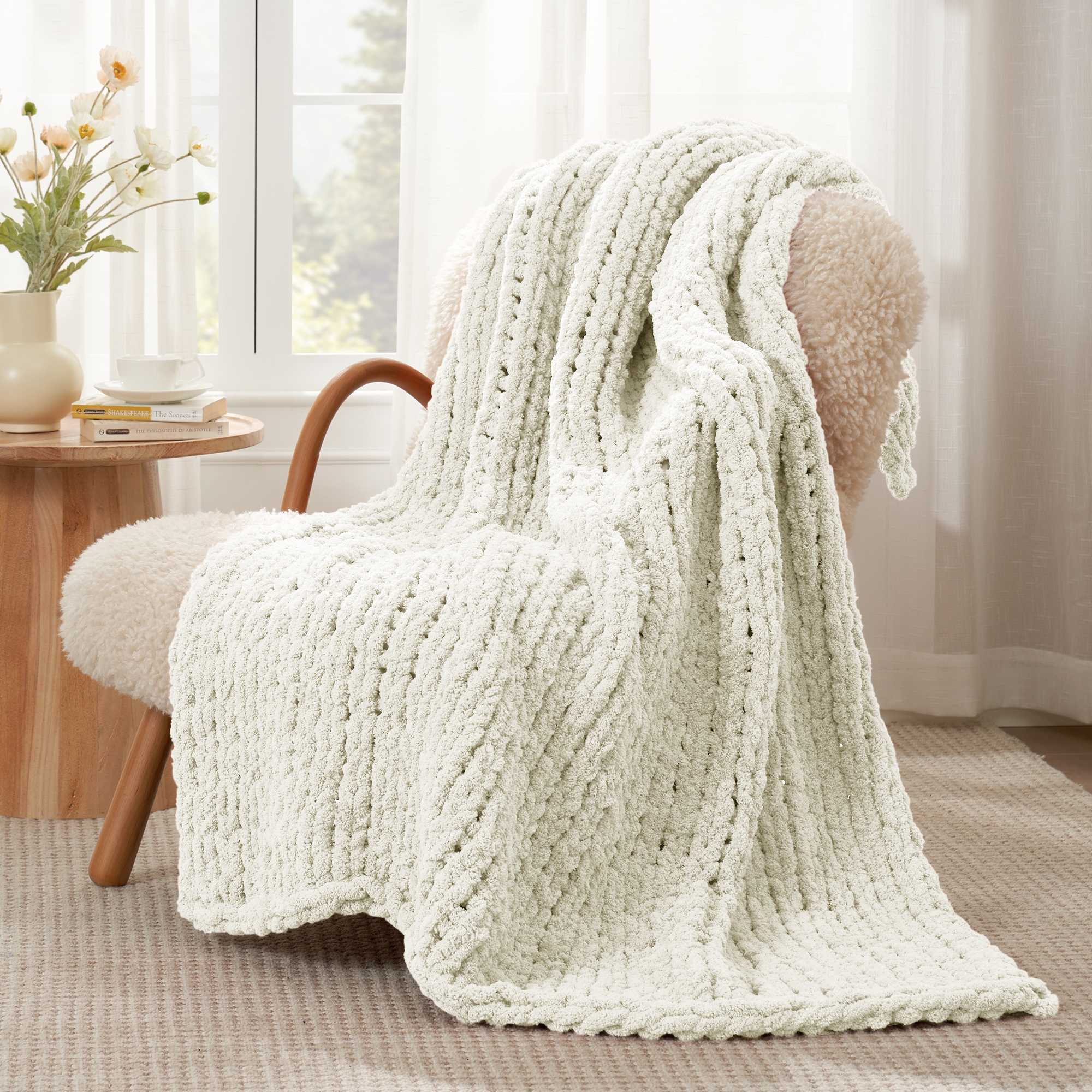 Chunky Knit Handmade Chenille Cable Knitted Crochet Throw Blanket, Ivory-Amelie Home
