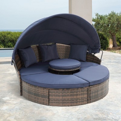 Navy Blue Outdoor Patio Recliners,Rattan Round Lounge With Canopy,Wicker Outdoor Sofa Bed With Lift Coffee Table,Outdoor Patio Furniture-Cuddlewood