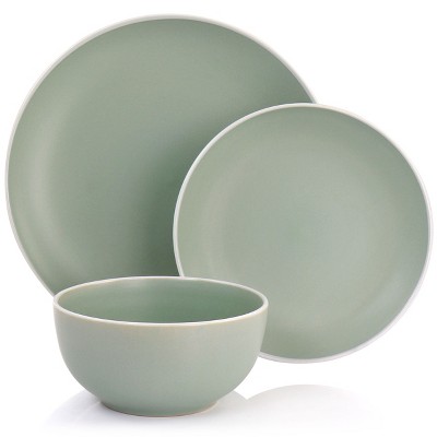 ProCook Coastal Stoneware Dinner Set 12 Piece with Cereal Bowls Dishwasher Safe Dinnerware with Beautiful Reactive Glaze for 4 Table Settings Green Microwave and Oven Safe