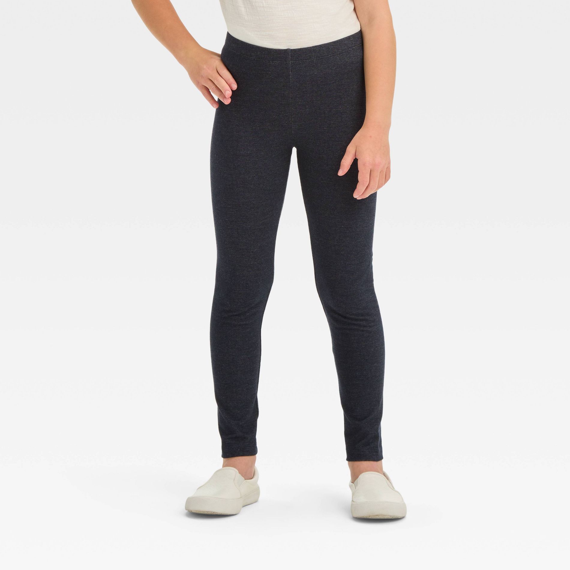 Girls' Leggings - Cat & Jack™ Faux Denim L: High Rise, Full Waistband Elastic, Lightweight French Terry Fabric