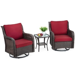 Outdoor Swivel Rocker Patio Chairs Set of 2 with Matching Side Table – 3-Piece High-Density Wicker Bistro Set with Premium Red Fabric Cushions - 1 of 4
