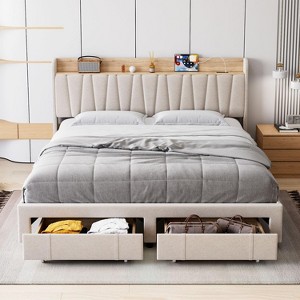 Upholstered Bed Frame with Storage Headboard and Charging Station, Heavy Duty Platform Bed with Drawers, No Box Spring Needed - 1 of 4
