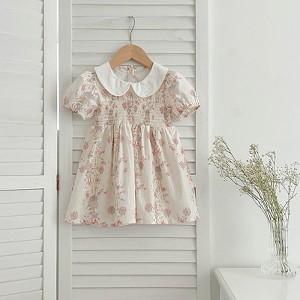MyKids-Usa Arrival Summer Girls Peter Pan Collar Short Sleeves Floral Print Onesies And Dress – Princess Sister Matching Set - 1 of 4