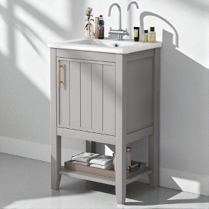 20" Bathroom Vanity with Ceramic Sink, Soft-Close Door, Storage Rack, Open Shelf, Solid Wood & MDF Freestanding Cabinet - 1 of 4