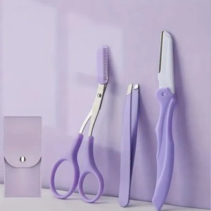 3 Pcs Purple Eye Brow Scissor Eyebrow Removal Tweezer Eye - 1 of 4