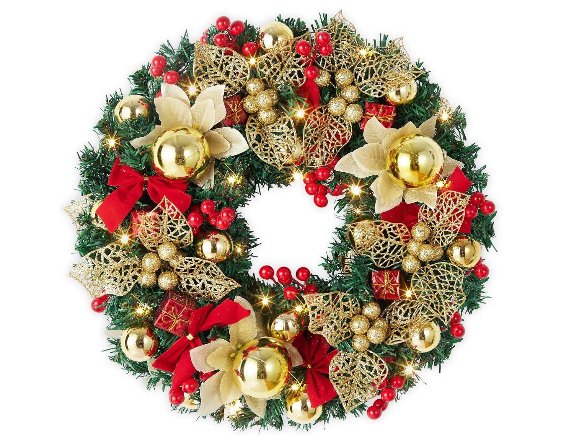 GAOMON 18 Inch Pre-Lit Christmas Wreath, Battery Operated Christmas Hanging Ornament for Front Door Wall Windows, Artificial Xmas Wreath