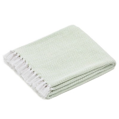 Americanflat Zaina Throw Blanket in Seafoam and White Herringbone - 100% Cotton with Fringe - 50" x 60"