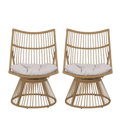 2pk Caryl Outdoor Wicker High Back Beach Lounge Chairs with Cushions Light Brown/Beige - Christopher Knight Home: Rattan & Metal Frame