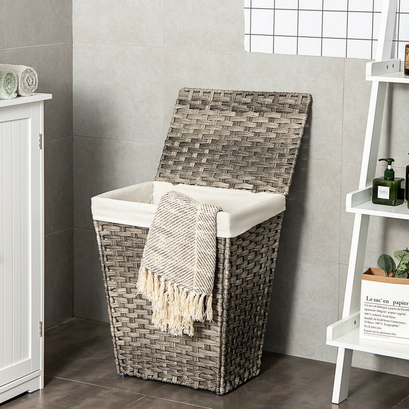 Costway Handwoven Laundry Hamper Foldable w/Removable Liner, Lid & Handles Brown/Grey, 2 of 11