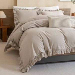 Washed Cotton Queen Duvet Cover Set, Ruffle, Linen Textured, Farmhouse Shabby Chic, 3pcs Aesthetic French Country Bedding - 1 of 4