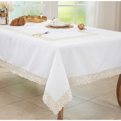 White and Gold Braid Embroidered Fabric Tablecloth