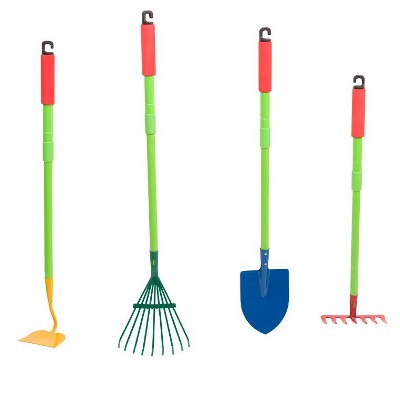 HearthSong Grow With Me Telescoping Garden Tool Set for Kids with Adjustable Shovel, Hoe, Leaf Rake, and Soil Rake