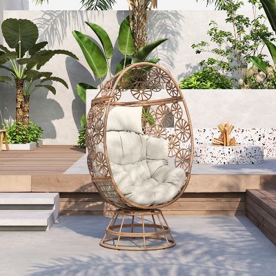 Christopher Knight Home Odilon Patio Iron and Rattan Swivel Egg Chair, Beige/Brown