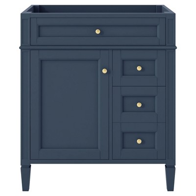Vynxaria 30 inch Sapphire Blue Modern Freestanding Bath Vanity Base Only Two Full Extension Drawers One Hidden Tip Out Drawer Adjustable Shelf