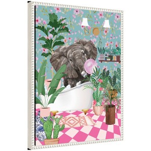 Kate & Laurel All Things Decor 18"x24" Sylvie Bathroom Elephant Bubblegum Framed Canvas by Honey Island Studio Beaded White - 1 of 4