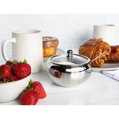 Large Stainless Steel Sugar Bowl with Glass Lid and Spoon