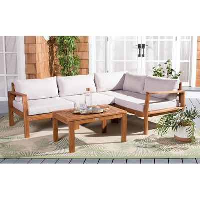 Endelia Natural Wood 4-Piece Patio Set with Light Gray Cushions