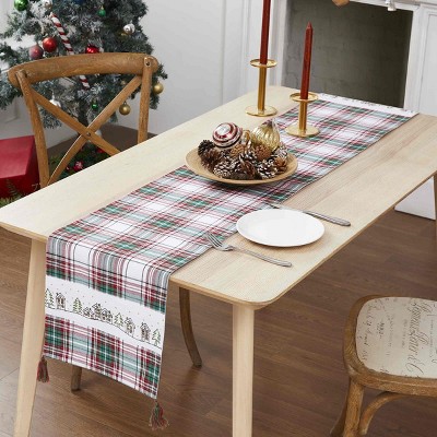 Holiday Plaid Cotton Table Runner with Embroidery and Tassels