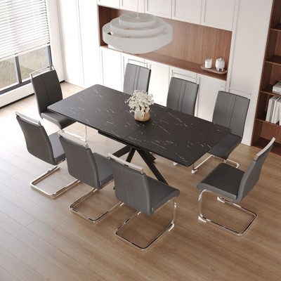 NicBex Dining Table Set for 8 Modern Extendable Dining Room Table with MDF Tabletop, Trestle Base and 8 PU Chairs for Kitchen