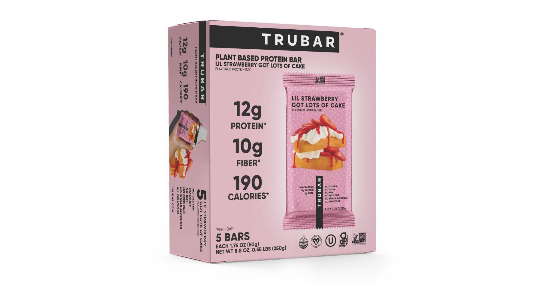 TRUBAR 12g Plant Based Protein Bars - Lil Strawberry Gots Lots of Cake - 5ct: Chewy, Ready to Eat, 8.8 oz
