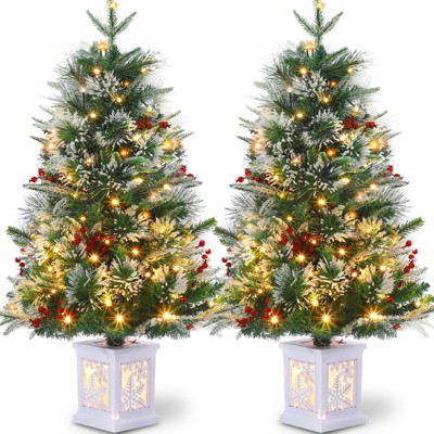 Homhougo 3FT 2-Pack Flocked Christmas Trees with Snow Pot Base, Mini Holiday Decor for Tabletop or Entryway