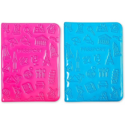 Zodaca 2 Pack Passport Covers, Debossed Travel Wallets, Blue and Pink (4 x 5.4 Inches)