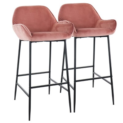 Elama 2 Piece Velvet Bar Stool in Pink with Black Legs