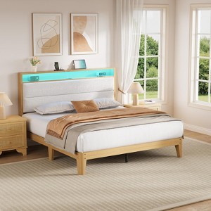 Bed Frame with RGB LED Light & Charging Station, 2-Tier Storage Headboard and Sturdy Wooden Slats Support - 1 of 4