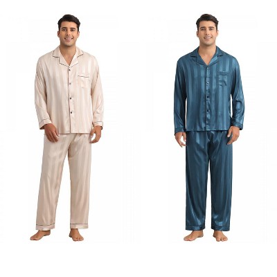 INSPIRE CHIC Men's 2 Pack Satin Pajamas Set Casual Long Sleeve Striped Button Sleepwear