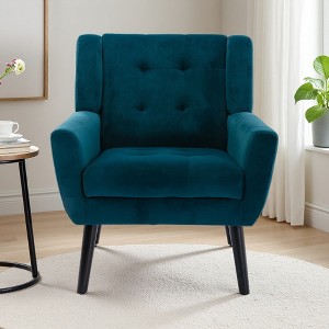 Modern Velvet Accent Chair with Curved Back and Wood Legs - 1 of 4