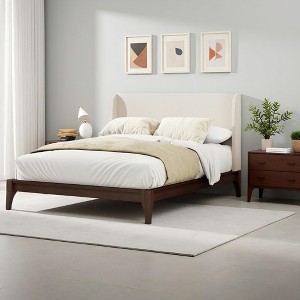 Merax King Size Solid Bamboo Platform Bed with Upholstered Double Wing Headboard - 1 of 4