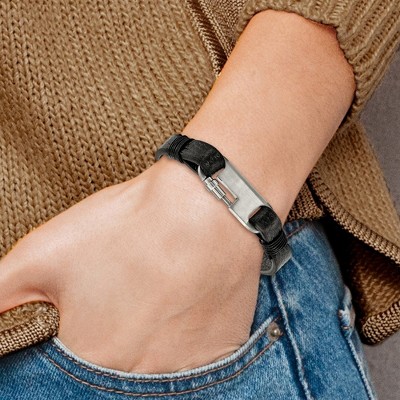 Chisel Stainless Steel Brushed Black Leather 8" Bracelet