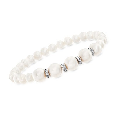 Ross-Simons 6-8.5mm Cultured Pearl and .25 ct. t.w. Diamond Stretch Bracelet in Sterling Silver