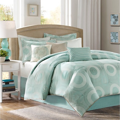 Madison Park Grant 7 Piece Jacquard Comforter Set - Blue (Queen): Luxury Seafoam Geometric Pattern, Includes Decorative Pillows & Bed Skirt
