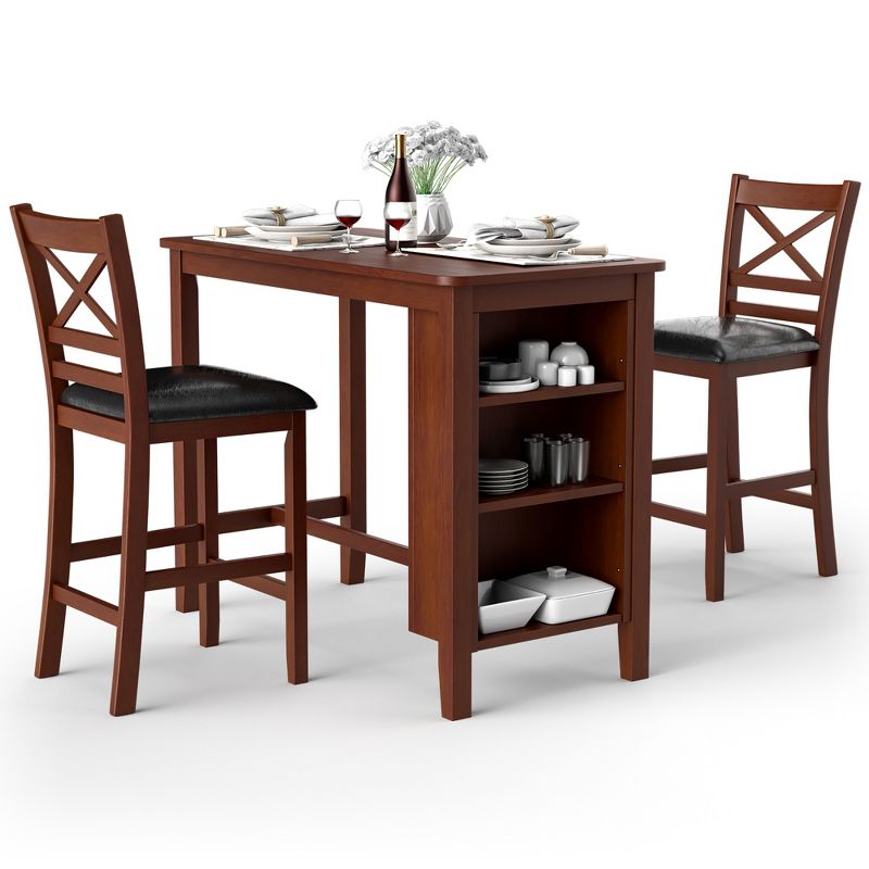 Costway 3PCS Pub Dining Table Set w/ Storage Shelves&2 Upholstered Chairs Walnut, 1 of 10