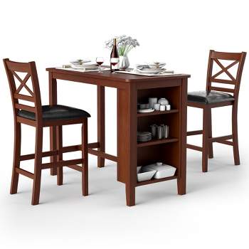 Costway 3PCS Pub Dining Table Set w/ Storage Shelves&2 Upholstered Chairs Walnut
