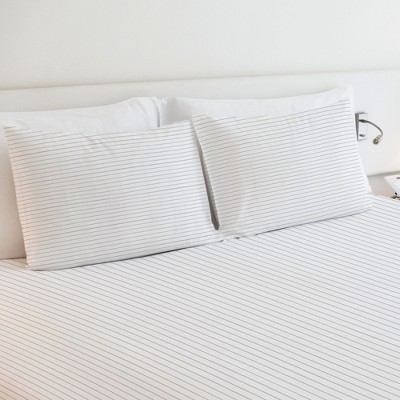 Queen Pinstripe White and Gray Cotton Deep Pocket Sheet Set