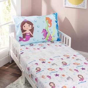 EVERYDAY KIDS 3-Piece Toddler Fitted Sheet, Flat Sheet and Pillowcase Set - Mermaids Undersea Adventures - Soft Microfiber Toddler Sheets Set - 1 of 4