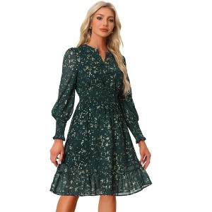 Allegra K Women's Metallic Star Split Neck Button-Up Smocked Chiffon Dresses - 1 of 4