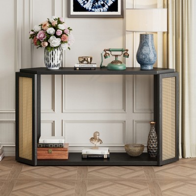 KIGFTSOD Narrow Console Table - Unique Irregular Top, Open Shelf & Rattan Design, Entryway/Sofa Table for Living Room, Hallway & Entrance, Black